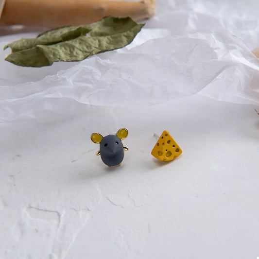 Asymmetrical Mouse & Cheese Stud Earrings