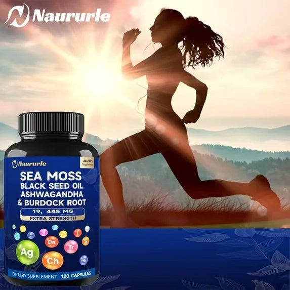 Sea Moss Black Seed Oil Ashwagandha & Burdock Root 19445mg Extra Strength Capsules - All-in-One Superfood Supplement For Immune Support, Energy & Vitality - 120 Capsules