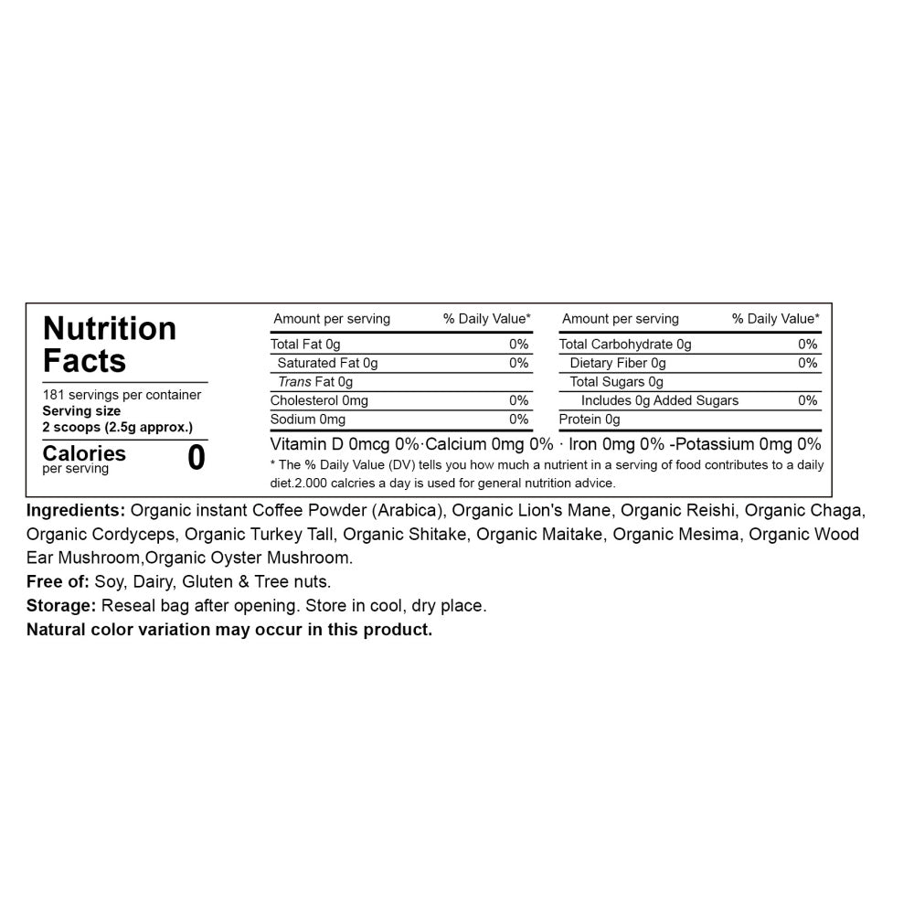 10in1 Mushroom Coffee Powder, Premium Arabica Instant Coffee Blend With Mane, Reishi, Chaga 8 Functional Mushrooms, Low Caffeine, Non GMO, FillerFree,1 LB