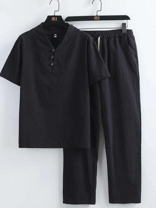 Men's Plus Size V-Neck Short Sleeve Top and Pants Set