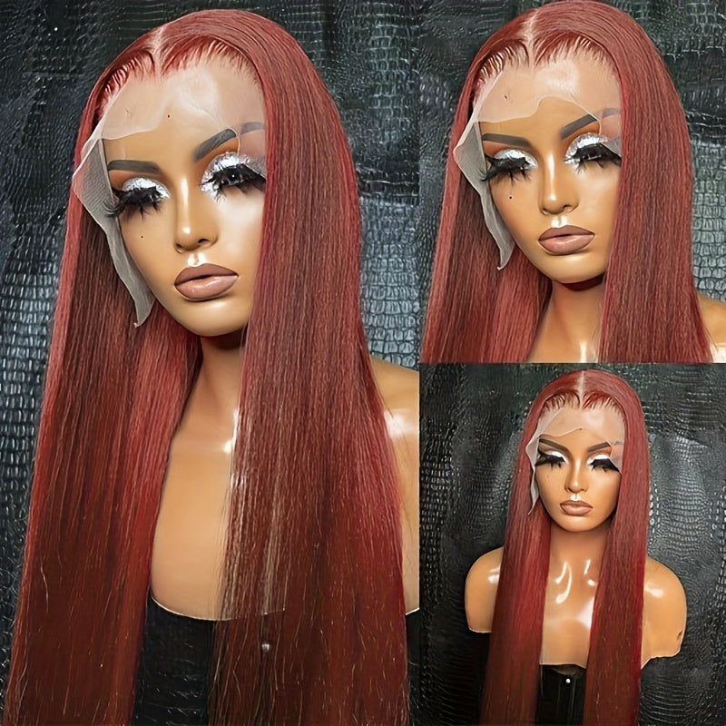 13x4 Straight Reddish-Brown Lace Front Wig HD Lace, Human Hair, Density