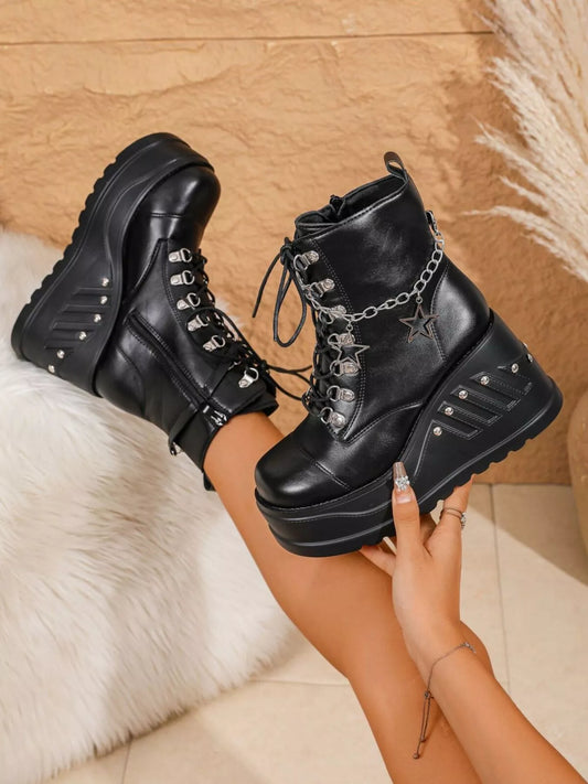 Round Toe Platform Wedge Boots