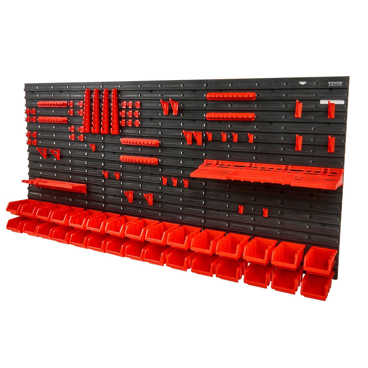 VEVOR Wall Mounted Storage Bins, 30-Bin Parts Rack Organizer Garage Plastic Shop Tool With Wall Panels Tool Holders Hooks, Tool Organizer For Nuts, Bolts, Screws, Nails, Beads, Buttons, Black And Red