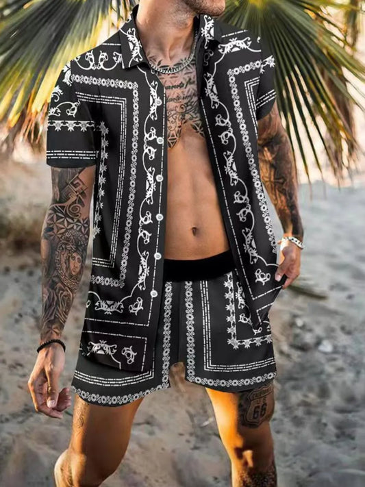 Men's Full Size Printed Collared Neck Short Sleeve Top and Shorts Set Plus Size