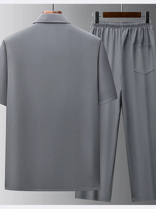 Men's Full Size Button Up Short Sleeve Top and Pants Set Plus Size
