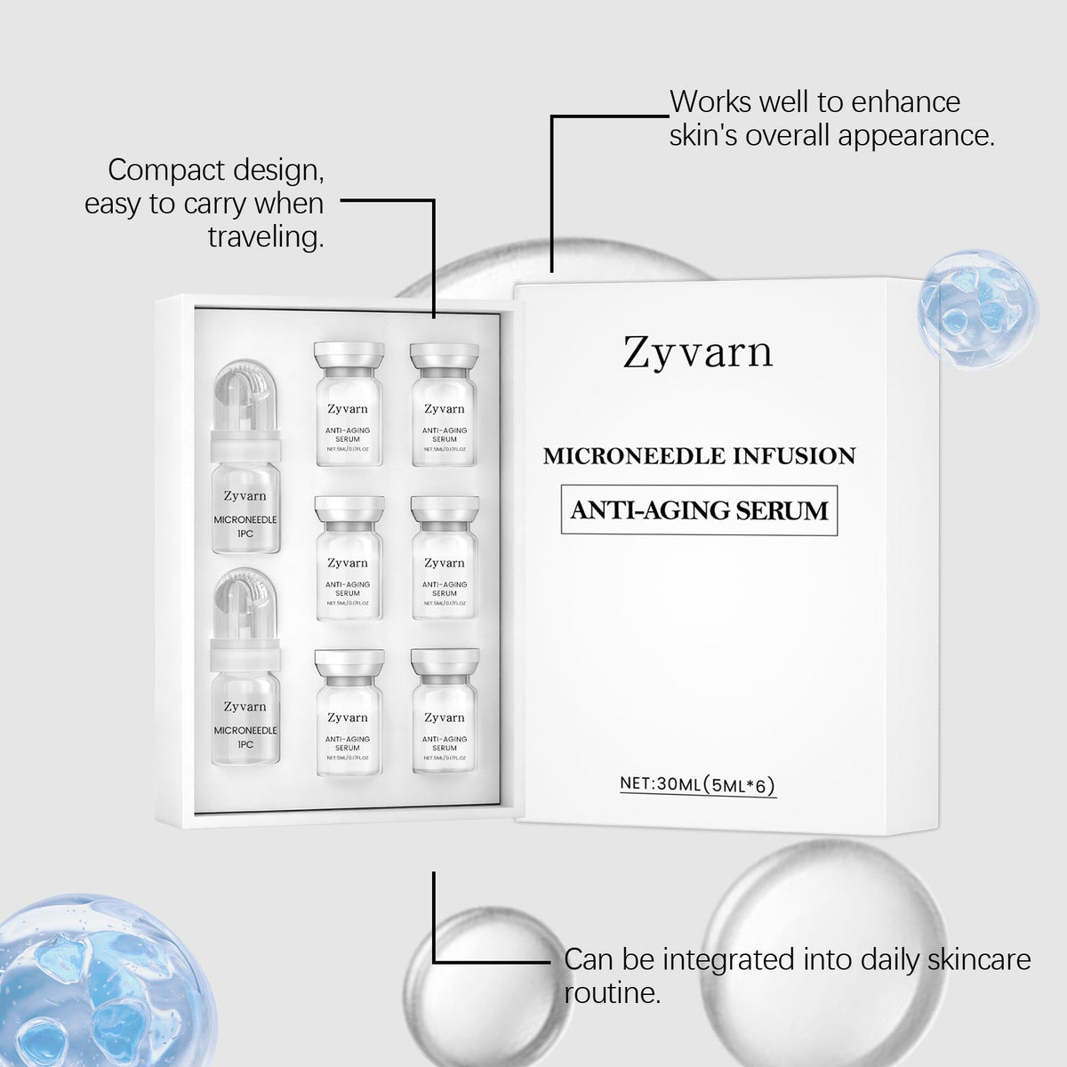 Zyvarn Micro-Needle Infusion Anti-Aging Serum Set, 6 Bottles Ampoule Facial With Derma Roller For Daily Skin Care