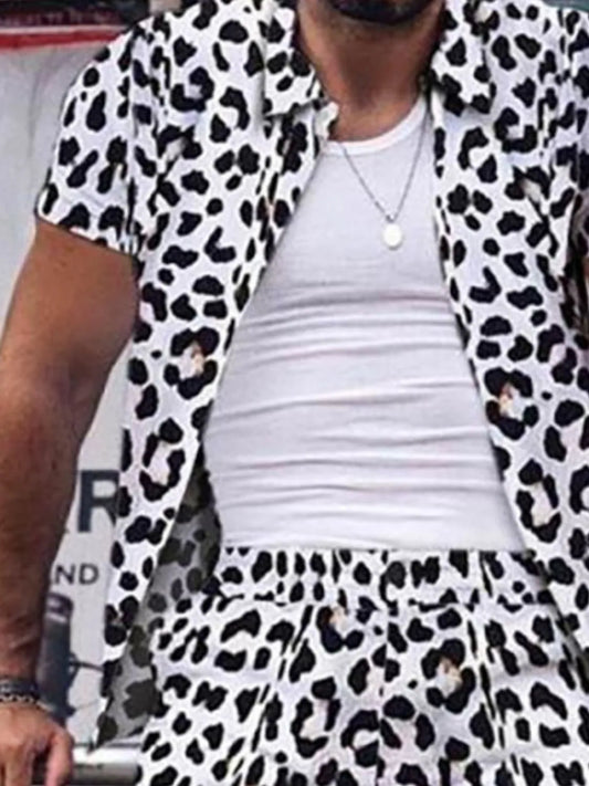Men's Full Size Leopard Button Up Shirt and Shorts Set Plus Size