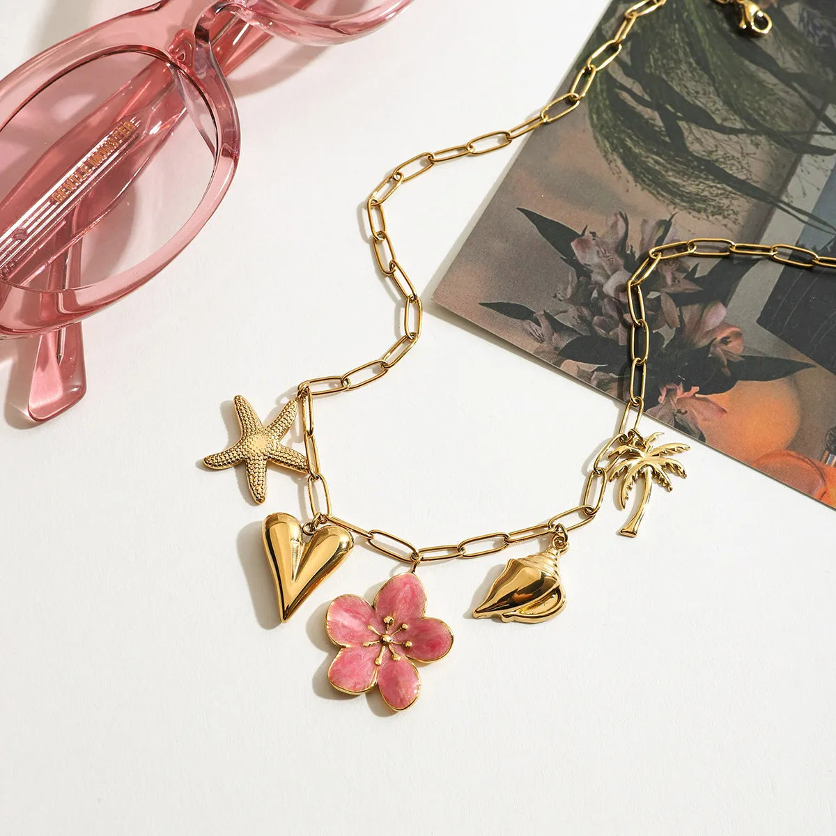 Beach Theme Pendant Necklace with Resin Flower