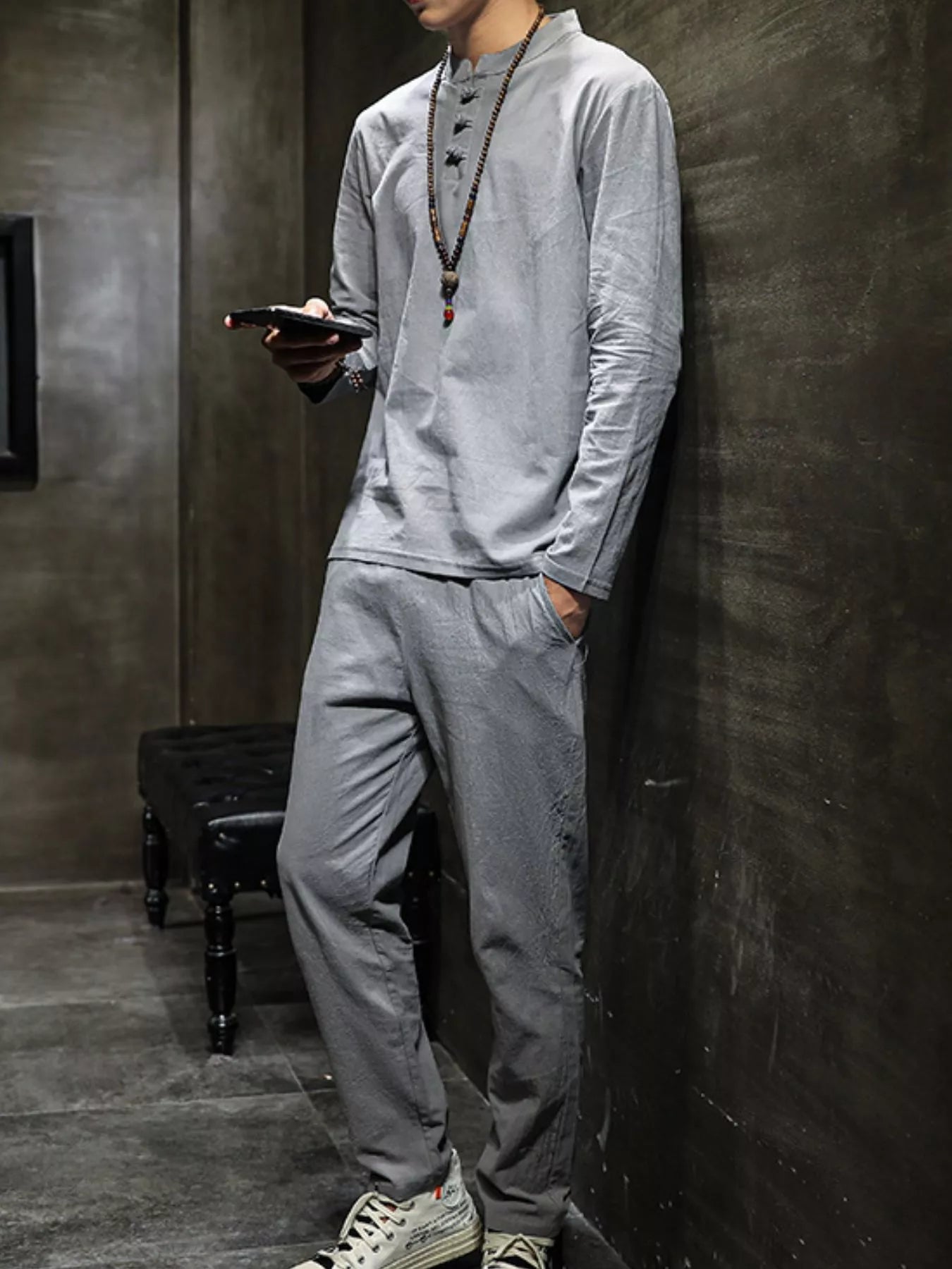 Men's Plus Size Button Detail Long Sleeve Top and Pants Set
