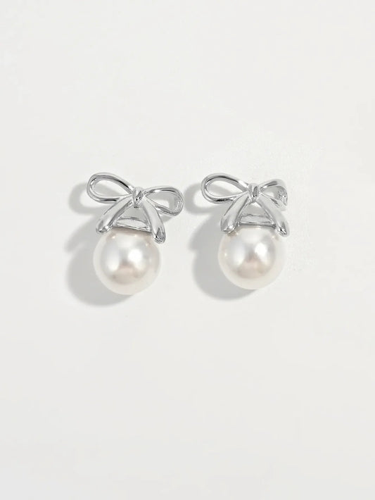 925 Sterling Silver Pearl Bow Earrings