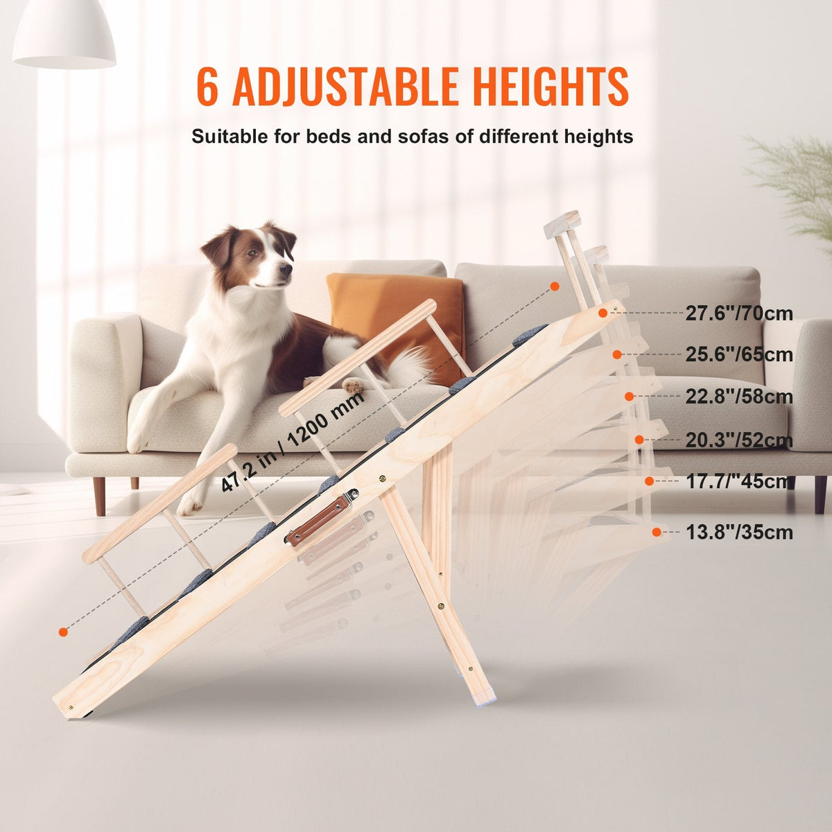 Dog Ramp, Folding Pet Ramp For Bed, Adjustable Dog Ramp For Small, Large, Old Dogs & Cats, Wooden Pet Ramp With 47.2' Long Ramp, Adjustable From 13.8' To 27.6', Suitable For Couch, Sofa, Car