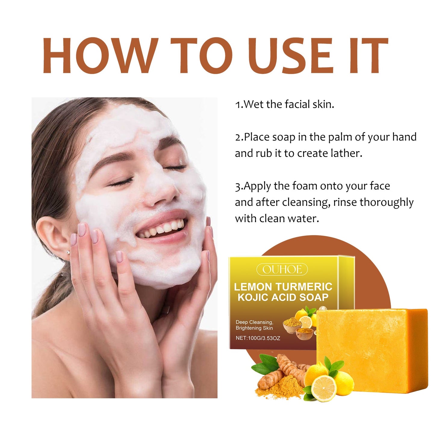 Ouhoe Lemon Turmeric Acid Soap Deep Cleanses Skin Brightening Whitening Exfoliating Moisturizing Bath And Face Soap
