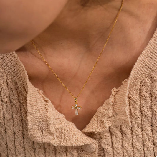 18K Gold-Plated Stainless Steel Zircon Cross Necklace