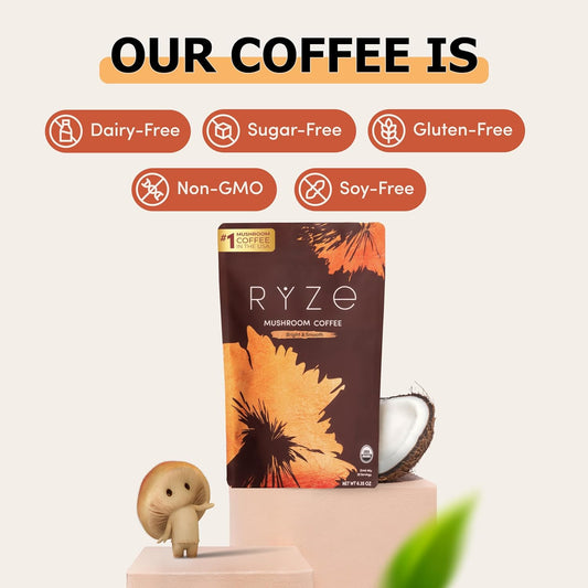 RYZE SUPERFOODS Mushroom Medium Roast Coffee , USDA Organic Instant Coffee with 6 Adaptogenic Mushrooms and for Energy, Focus, Digestion, Immunity with Lions Mane & Turkey Tail 30 Serving