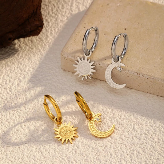 Sun and Moon Dangle Hoop Earrings