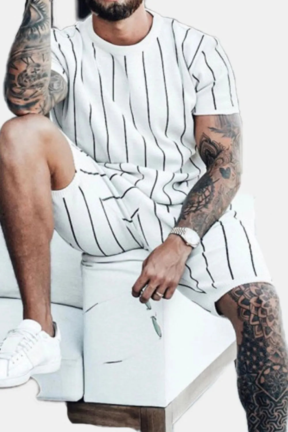 Men's Full Size Striped Casual Top and Shorts Summer Set Plus Size