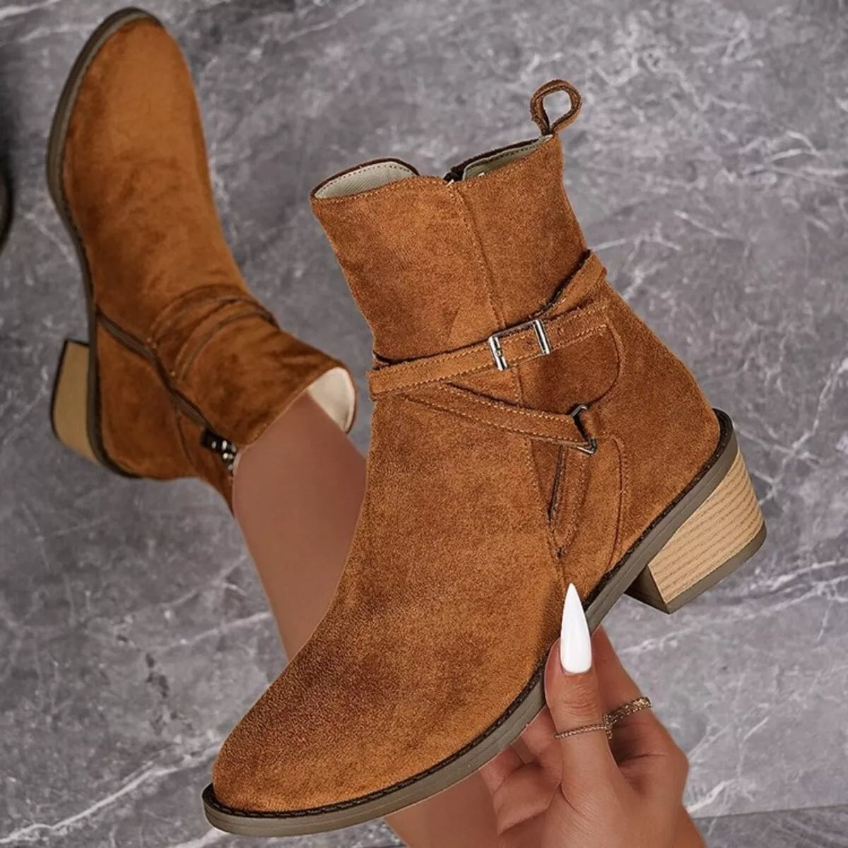 Side Zip Block Heels Boots