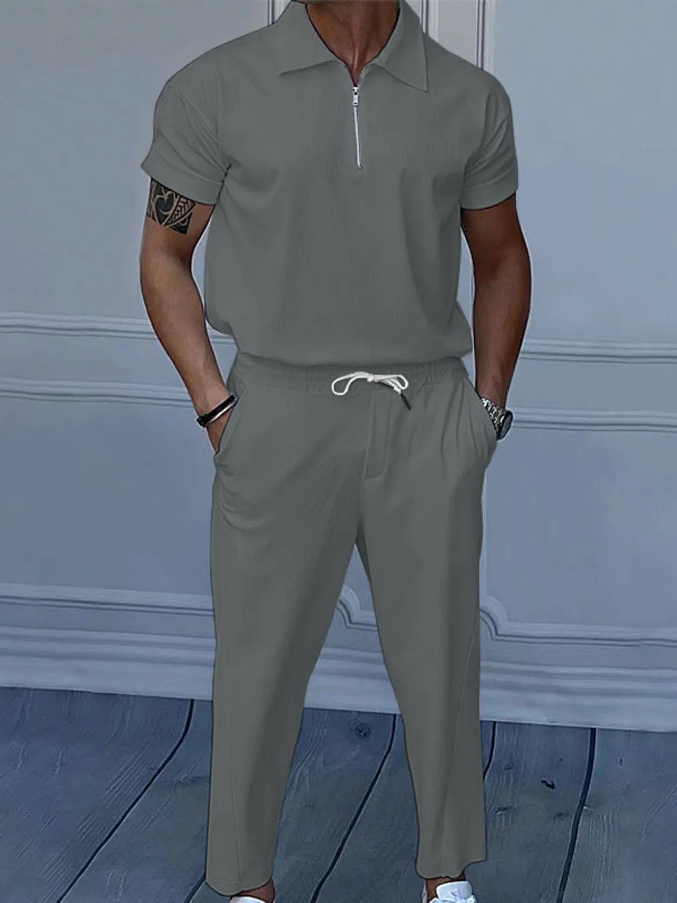 Men's Full Size Quarter Zip Short Sleeve Polo and Pants Set Plus Size