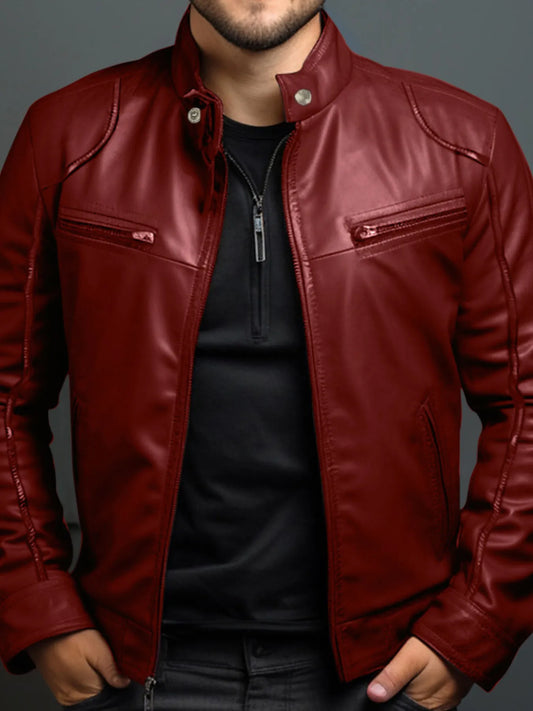 Men's Full Size Leather Motorcycle Jacket with Zipper Front Plus Size