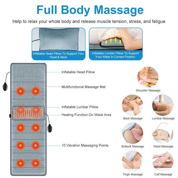 Full Body Electric Massage Mat With Heat Vibration Massage Pad Cushion Back Massage Mattress Chair Pad With Inflatable Head Pillow Lumbar Pillow With 10 Vibration Motors 3 Timers GPCT5281