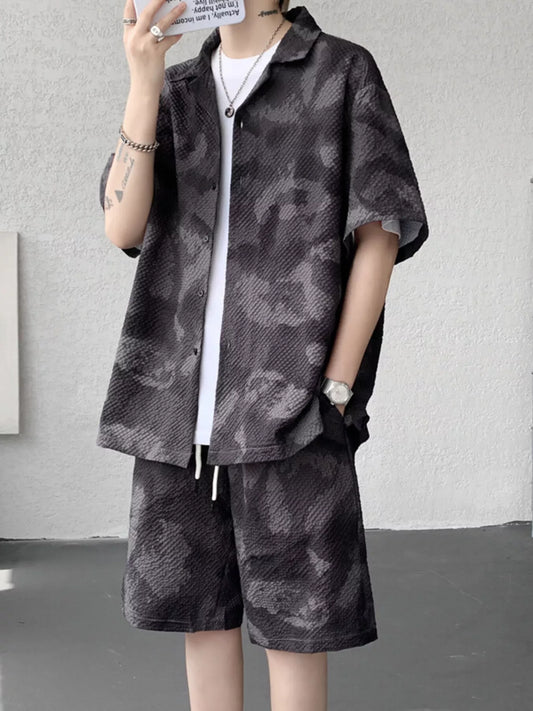 Men's Plus Size Casual Camouflage Print Shirt & Shorts Set