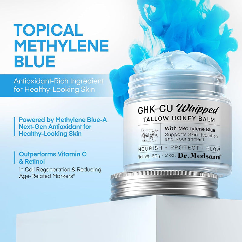 GHK-Cu Copper Peptide Whipped Grass Fed Tallow Honey Balm, Methylene Blue Infused Anti Aging Hydrating Repair Facial Cream, Natural Grass-Fed Beef Tallow Face Moisturizer For Dry Skin