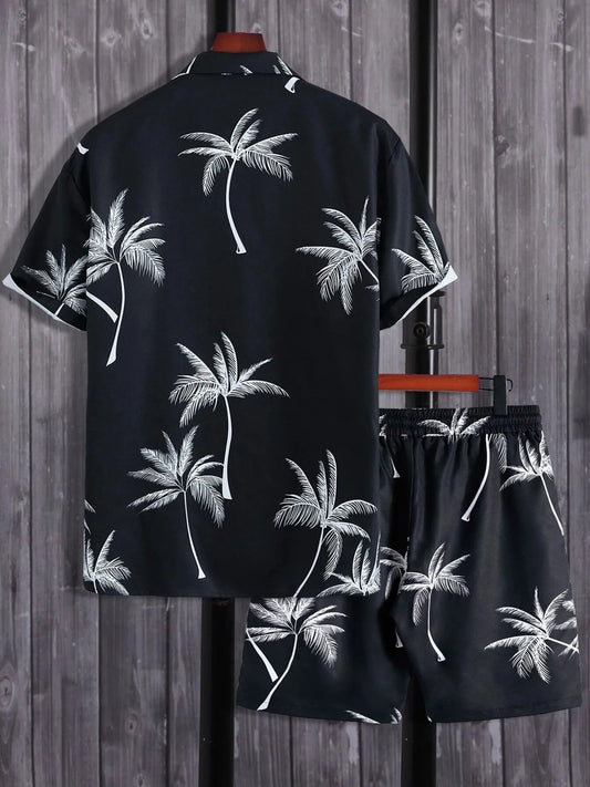 Men's Full Size Palm Print Button Up Shirt and Shorts Set Plus Size