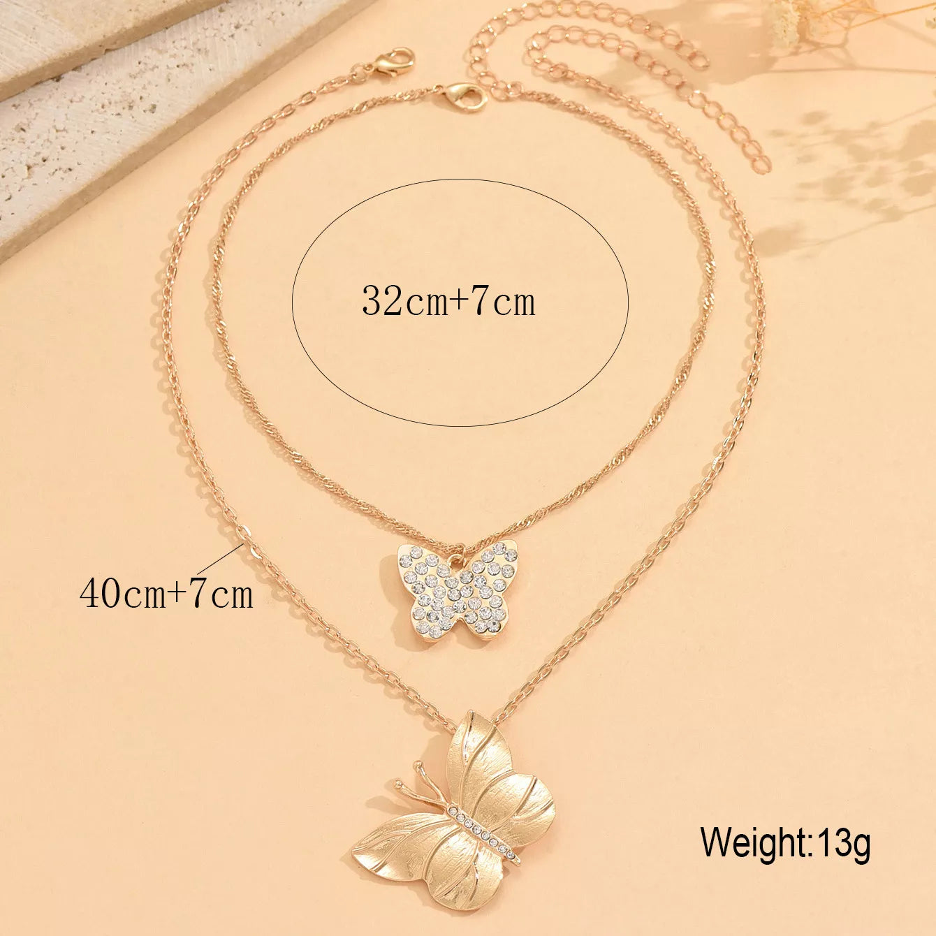 2 Piece 18K Gold-Plated Rhinestone Butterfly Necklace