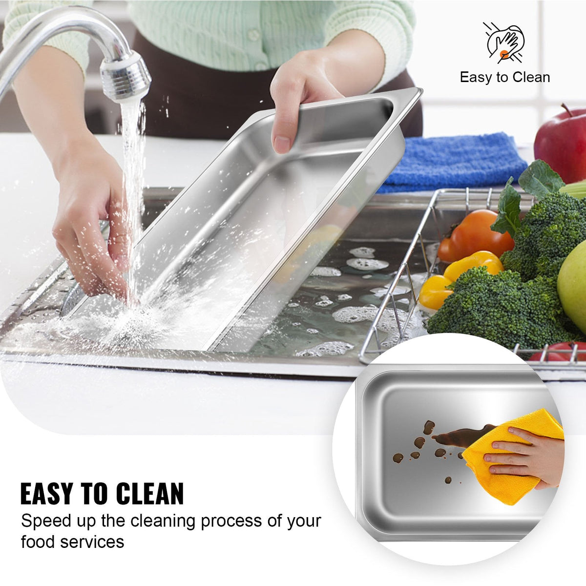 6 Pack Steam Table Pans 20.9 X 12.8 X 2.6 Inch Deep Steam Table Pan Full Size 8.5L Deep Food Container Stainless Steel Oven Tray Hotel Pans Anti-Jam Steam Table Food Pan