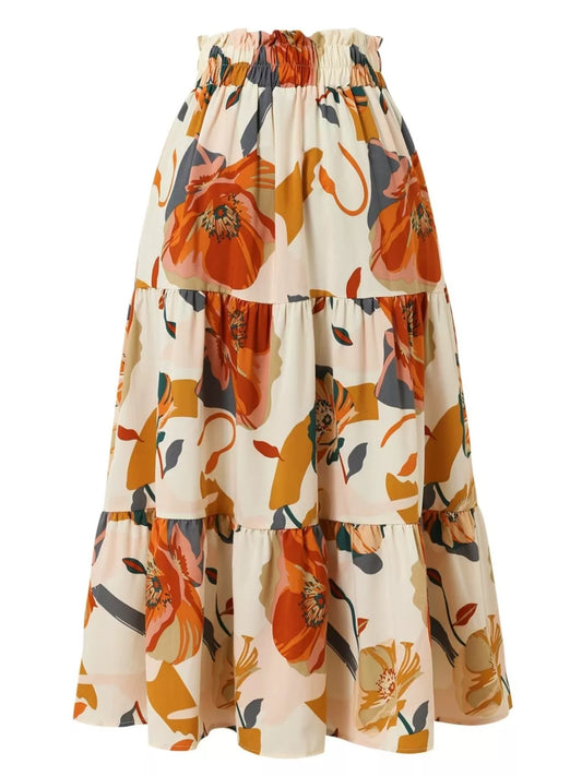 Full Size Floral Print Tiered Ruffle Midi Skirt Plus Size
