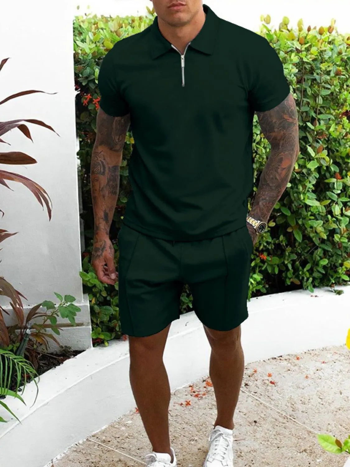 Men's Full Size Collared Neck Short Sleeve Top and Shorts Set Plus Size