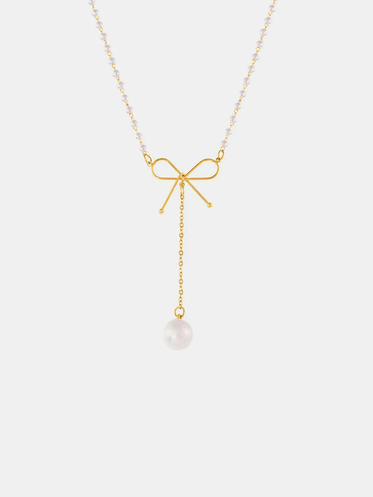 Stainless Steel Bow Pendant Necklace with Pearls