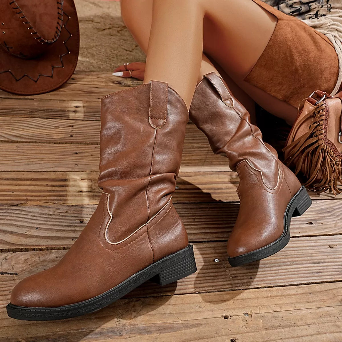 Block Heel Mid-Calf Western Boots