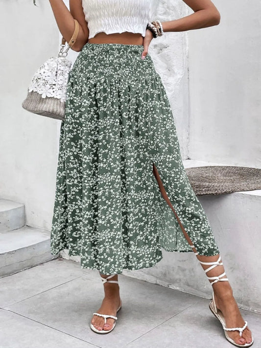 Slit Smocked Printed Skirt