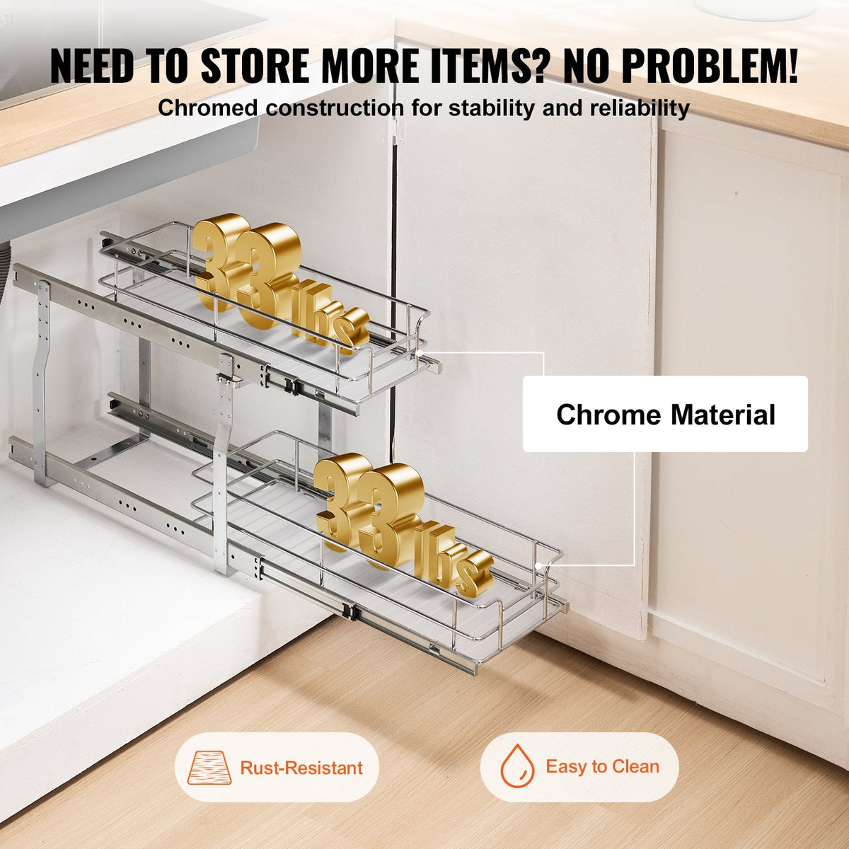 2-Tier 8.5"Wx21"Dx15"H Wire Pull Out Cabinet Under Sink Organizer Drawer Basket, 10"Wx22"Dx18"H Install Size For Cabinet