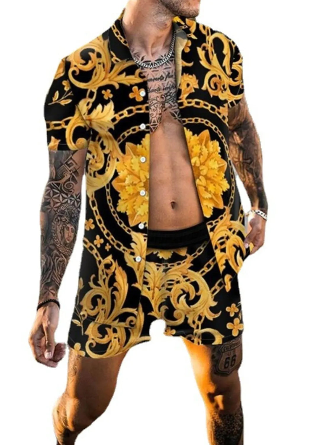 Men's Plus Size Printed Short Sleeve Shirt and Shorts Set