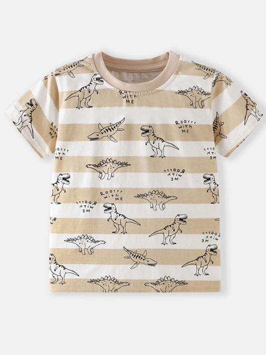 Children's Dinosaur Print Striped Crew Neck T-Shirt