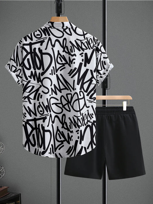 Men's Letter Print Shirt and Shots Set