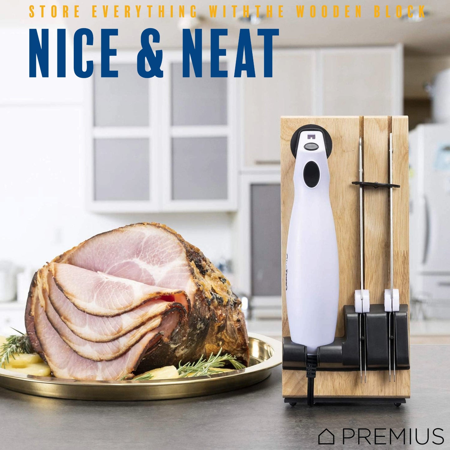 PREMIUS Serrated Carving Electric Knife Set With Wooden Storage Tray, with 2 Stainless Steel Blades