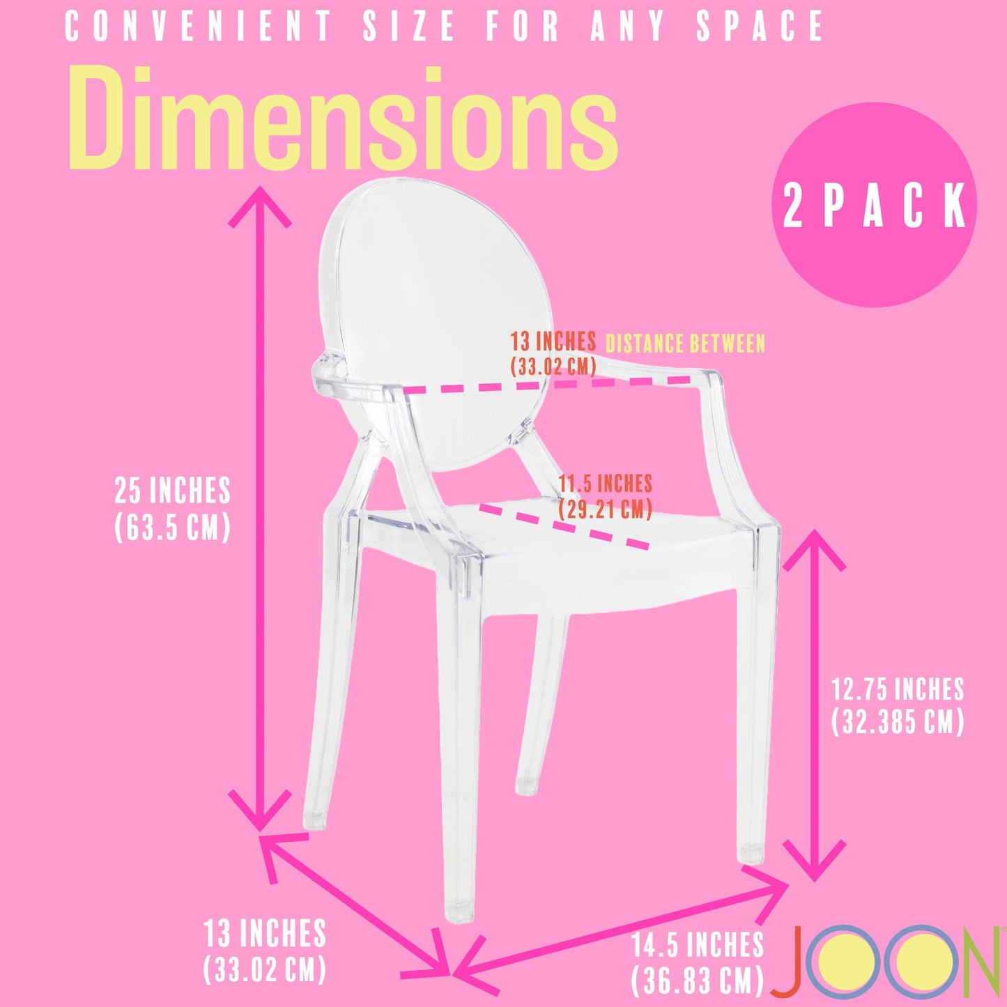 JOON 2 Pack Kids Ghost Chairs with Armrest, 25x13x14.5 Inches, Transparent