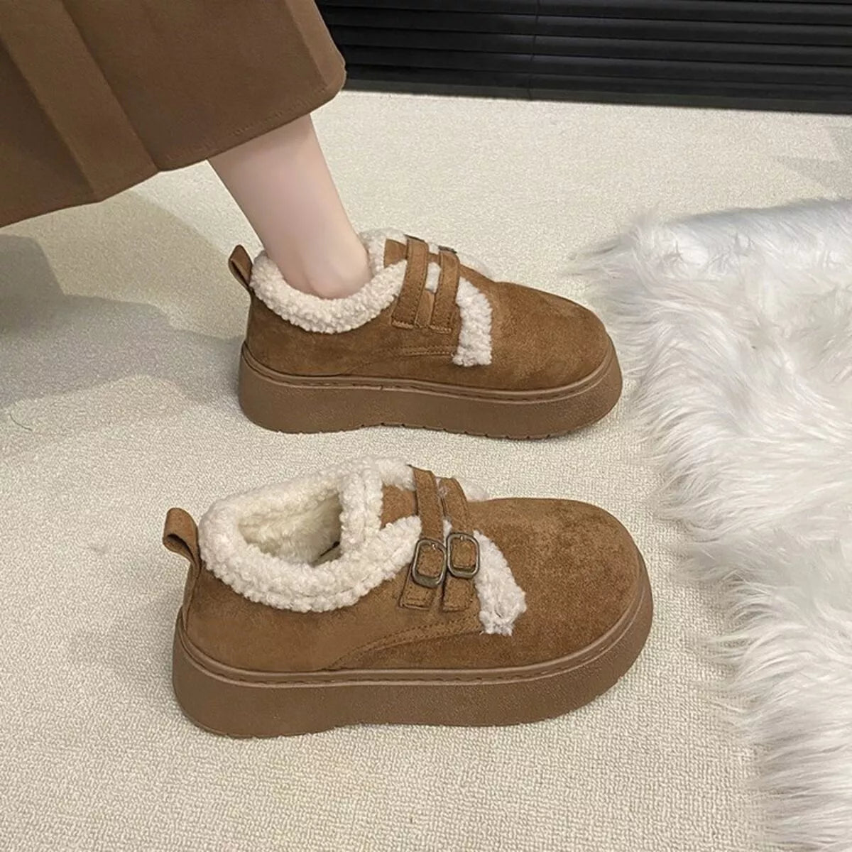 Double Buckle Fur-Lined Winter Ankle Boots