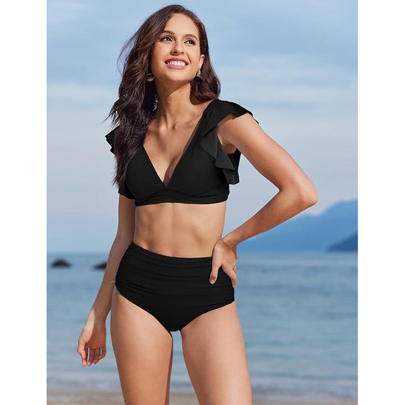 Women's Black Ruffle Sleeve Bikini Set, Plunge V-Neck Top & Ruched High Waist Bottom, 2 Piece Elegant Swimsuit