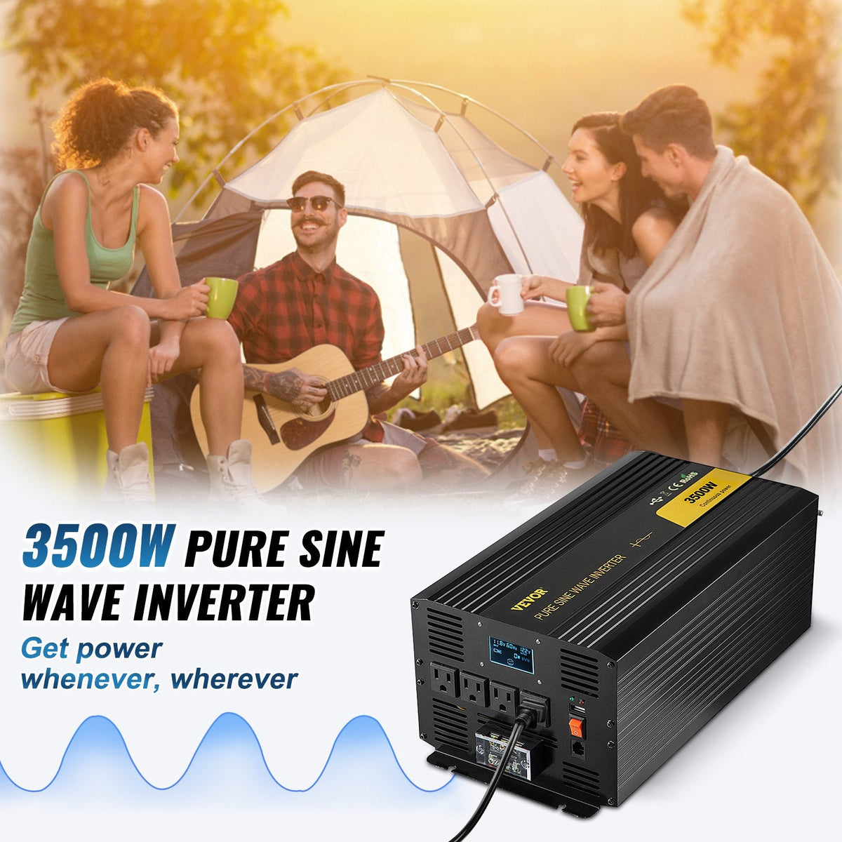 Pure Sine Wave Inverter 3500 Watt Power Inverter, DC 12V To AC 120V Car Inverter, With USB Port LCD Display Remote Controller And AC Outlets For RV Truck Car Solar System Travel Camping