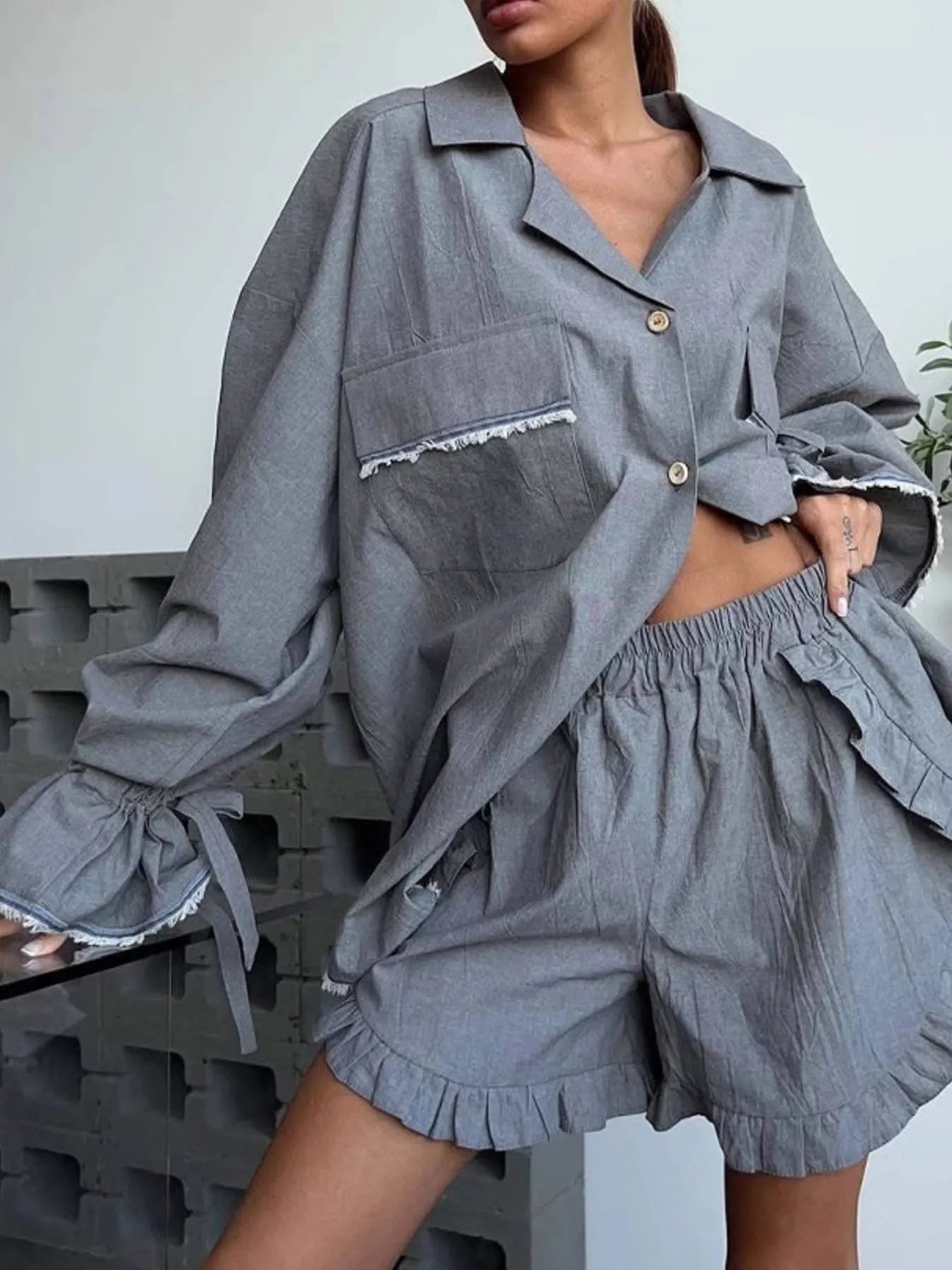 Button Up Flounce Sleeve Top and Shorts Set