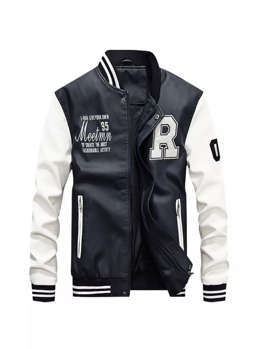 Men's Plus Size Color Block Zip Up Leather Jacket