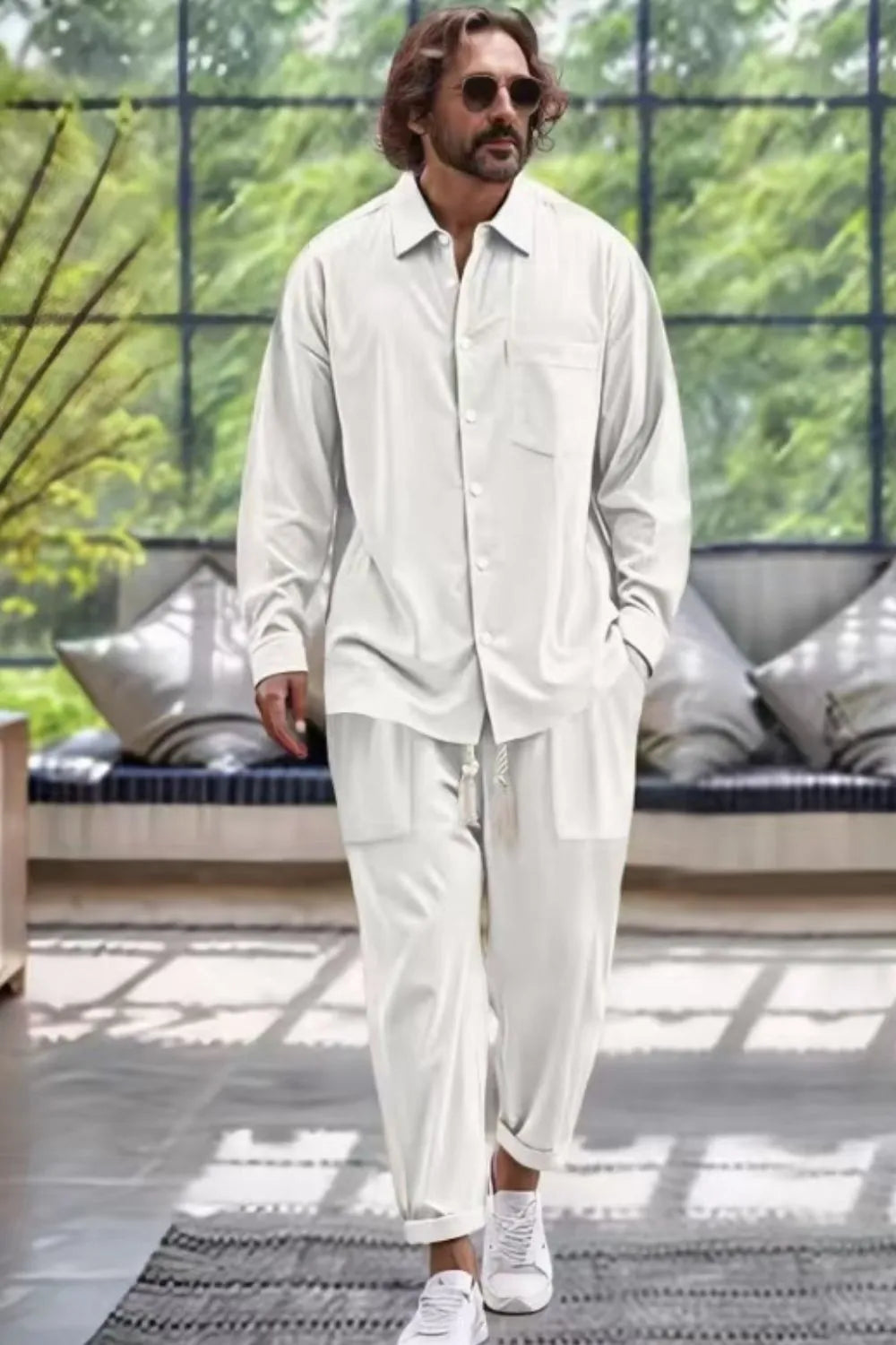 Men's Collared Neck Long Sleeve Top and Pants Set Plus Size