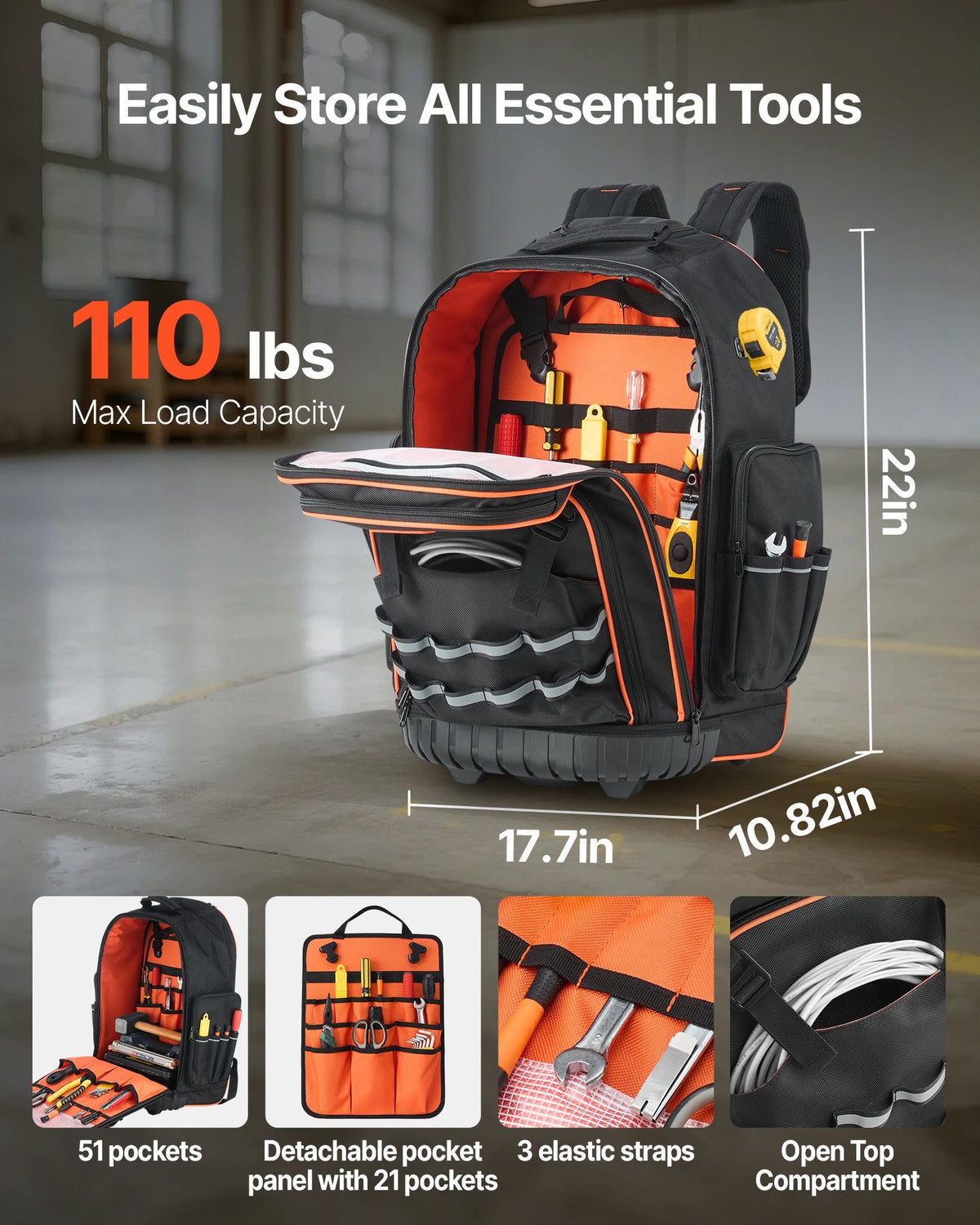 Rolling Tool Backpack, 110 Lbs Load Capacity, 72 Pockets Heavy Duty Roller Tool Bag On Wheels, Adjustable Telescoping Handle & Stable Base, Toolbag Organizers For Construction, Mechanic