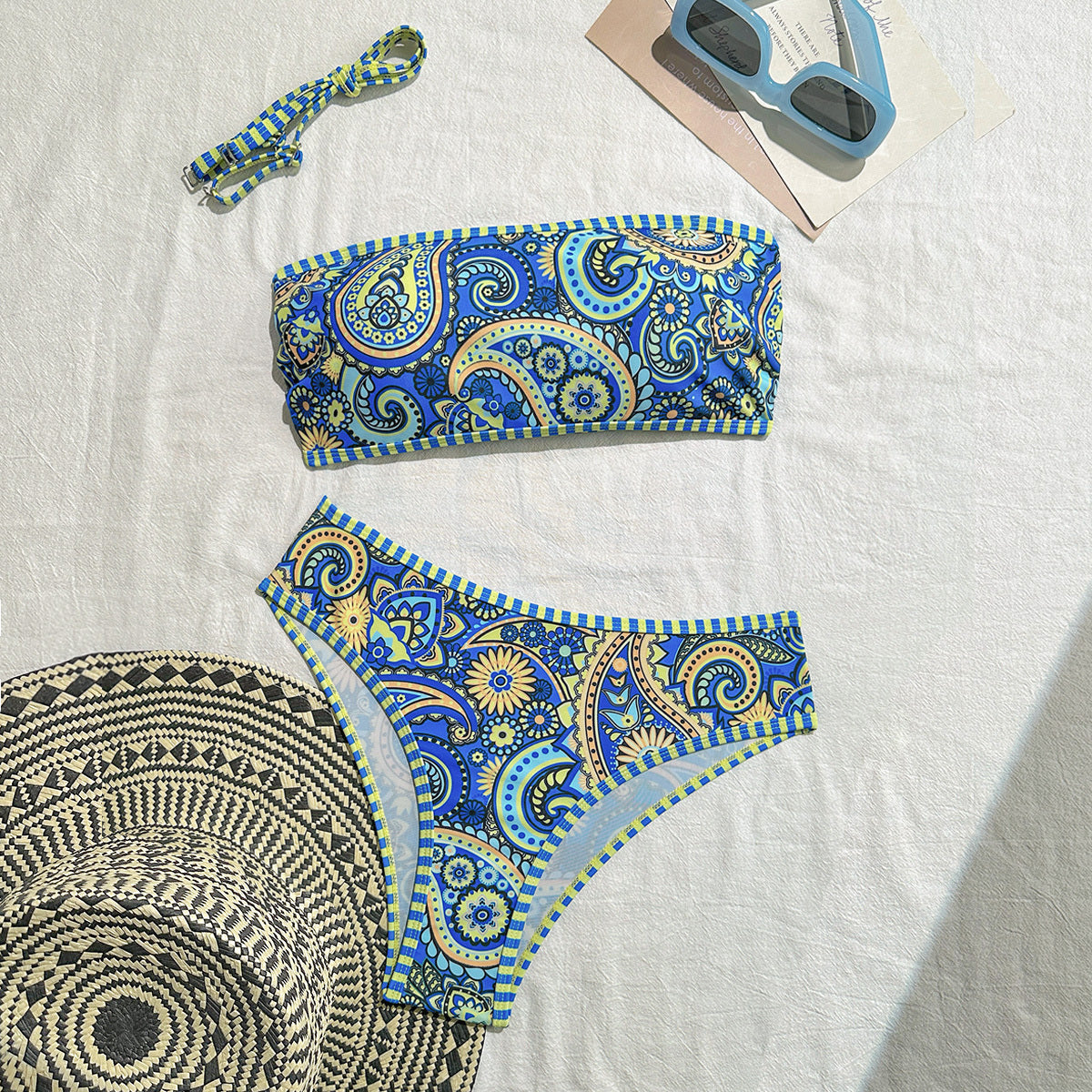 Women's Paisley Print Bandeau Bikini Set, Strapless Top With Removable Strap & High Cut Bottom