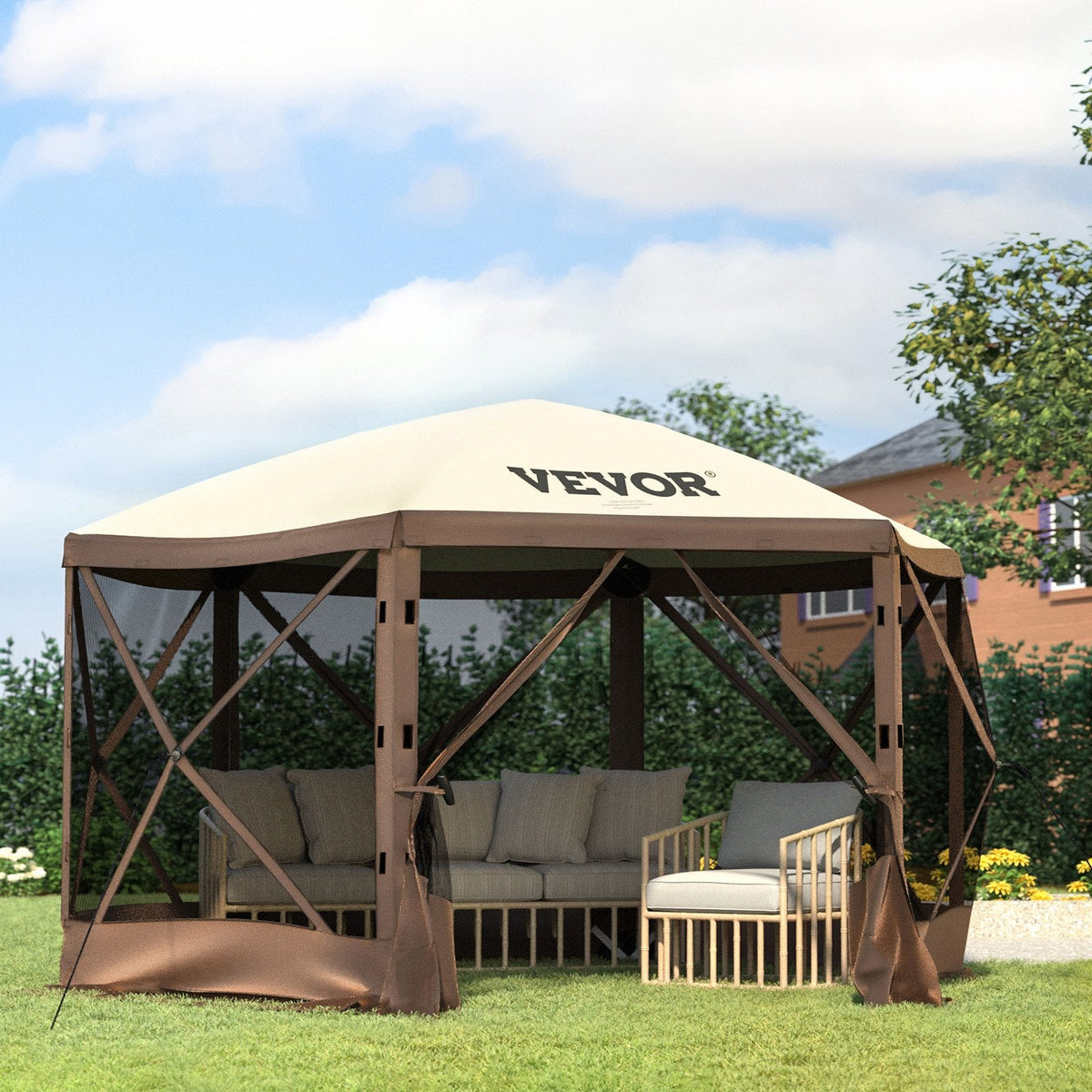 VEVOR Camping Gazebo Screen Tent, 6 Sided Pop Up Canopy Shelter Tent With Mesh Windows, Portable Carry Bag, Stakes, Large Shade Tents For Outdoor Camping, Lawn And Backyard, Brown Beige