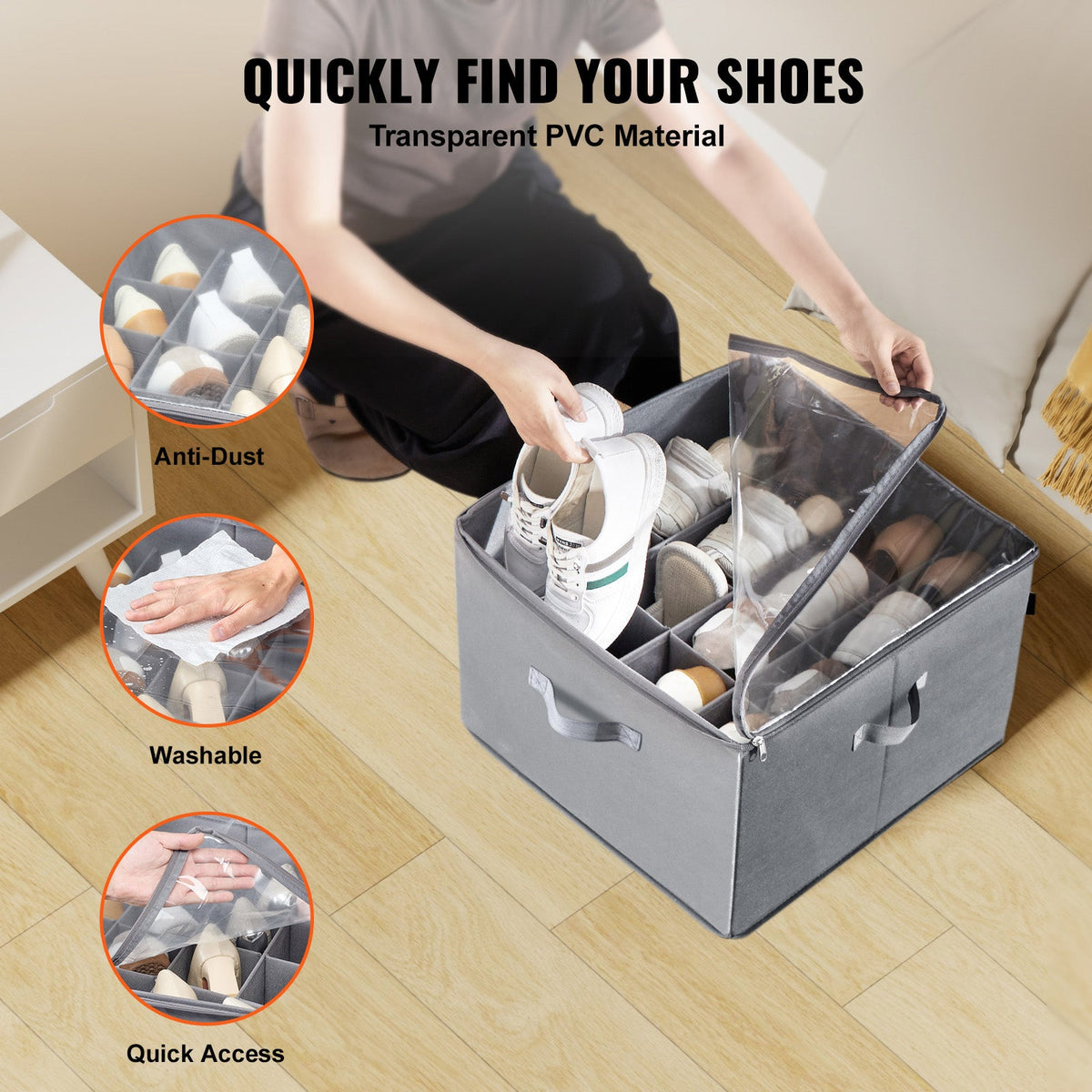 Vevor Sturdy Under Bed Shoe Storage Organizer, Adjustable Dividers Fit 16 Compartments, Shoe Storage Organizer For Closet Organization With Clear Cover, Shoe Rack & Basket, For Closet, Entryway, Trunk